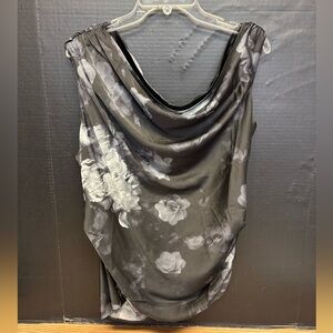 White House Black Market Floral Black & Gray Women's Drape Shell Satin Top #5538